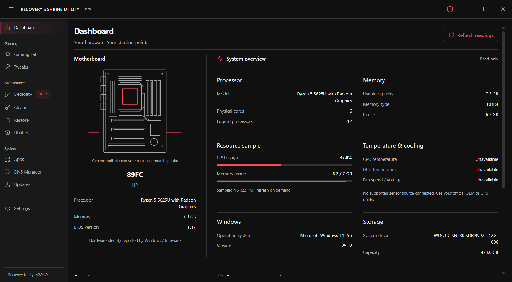 Recovery's Shrine dashboard showing hardware identity, CPU and memory readings, and unavailable temperature sensors
